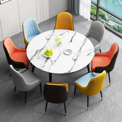 These contemporary dining chairs feature a sculpted parsons-style back, elegant waterfall front seat, and durable faux leather in vibrant dual-tone palettes like navy with black or ivory with brown.