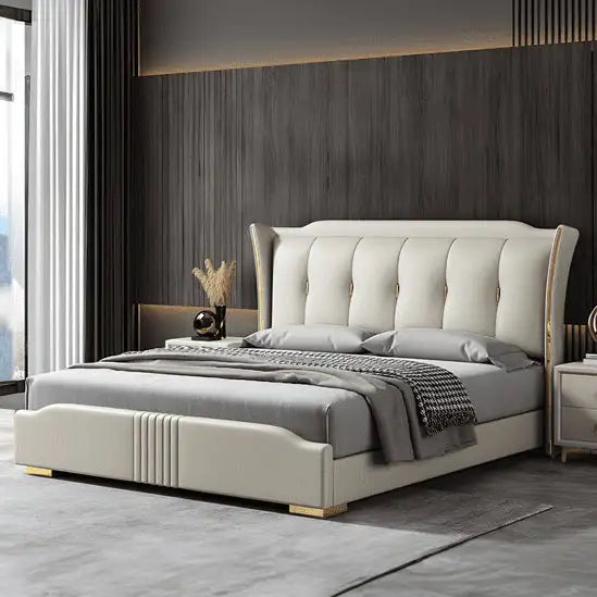 cream upholstered wingback headboard bed frame modern bed design – leatherette finish
