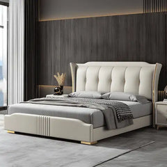 cream upholstered wingback headboard bed frame modern bed design – leatherette finish