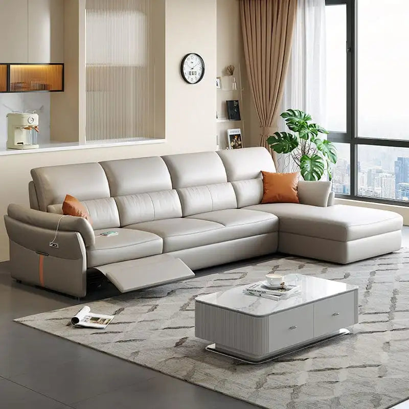 Premium beige leather L-shape sofa cum bed convertible sofa bed design 5-seater