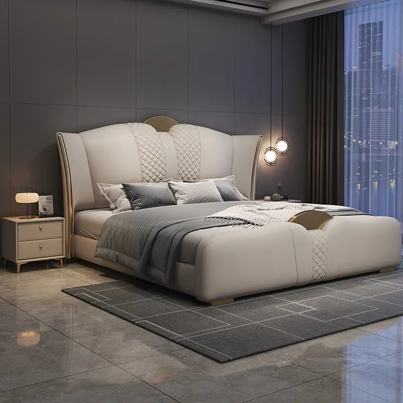 Diamond quilted wingback design + modern style bed design + ivory leatherette frame
