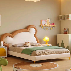 Oversized bear headboard in caramel and white – kids bed, children’s furniture store, faux leather