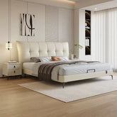 Grid-tufted headboard curve in beige leatherette, bed frame + modern bed design