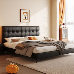 Tufted headboard in leatherette, modern bed design, bed and cot, matte black legs