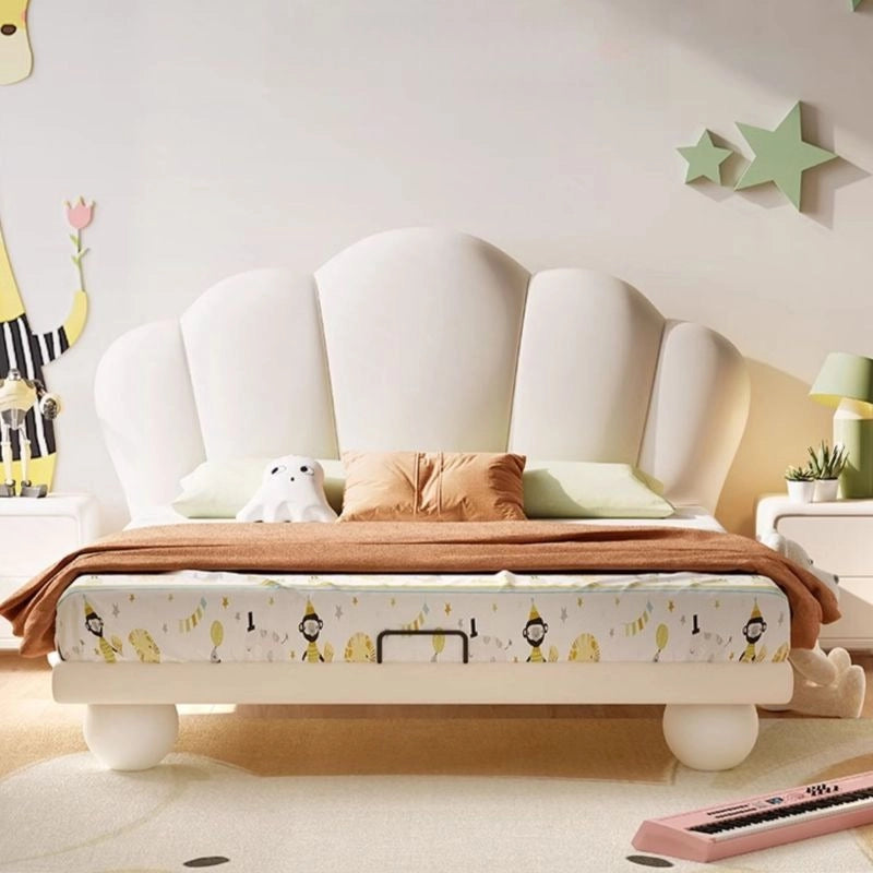 Ivory scallop headboard with toy-style legs, kids bed, bacchon ka bed, children’s bed with mattress