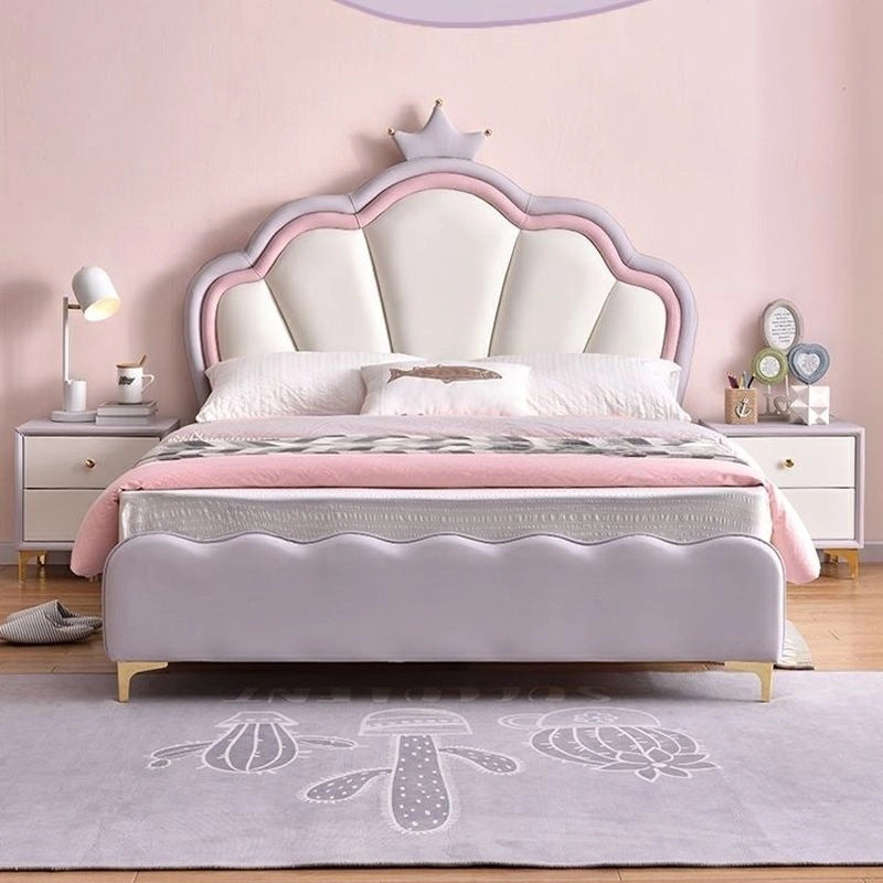 Crown-top headboard with blush pink faux leather, cute beds, kids bedroom furniture, queen size