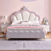 Crown-top headboard with blush pink faux leather, cute beds, kids bedroom furniture, queen size