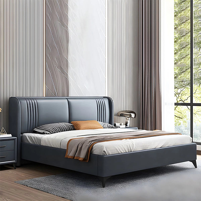 Matte navy blue cot design with modern bed frame + bed online, faux leather texture