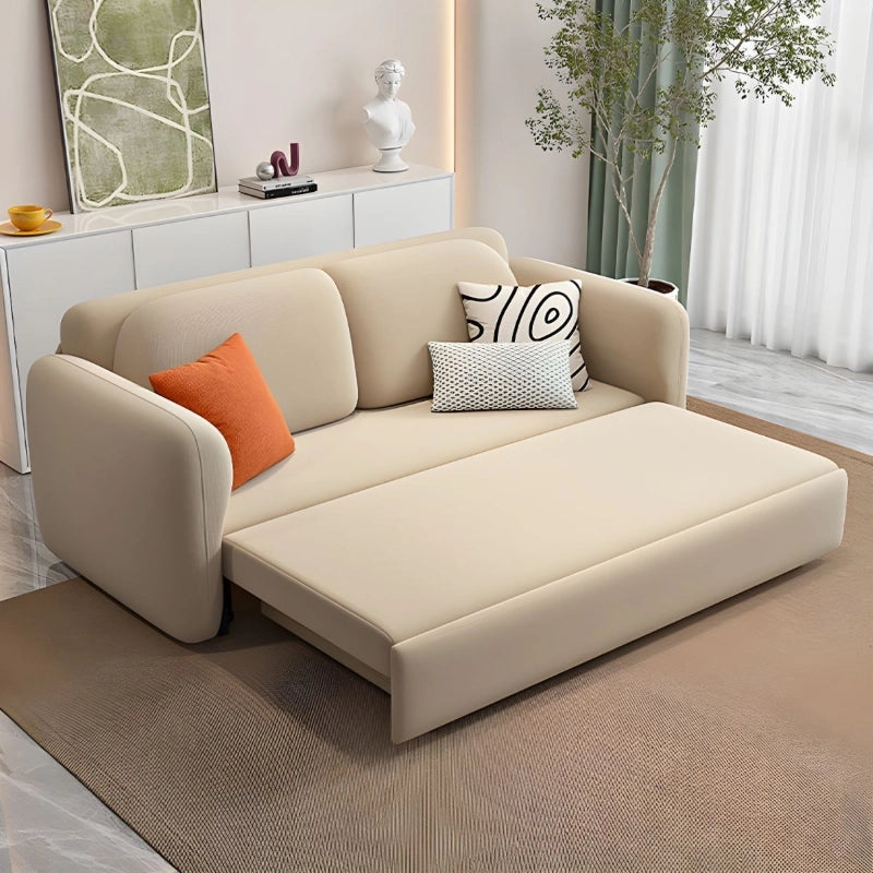 Neutral beige convertible couch sleeper with rounded arms, sofa cum bed, compact design