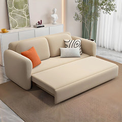 Neutral beige convertible couch sleeper with rounded arms, sofa cum bed, compact design
