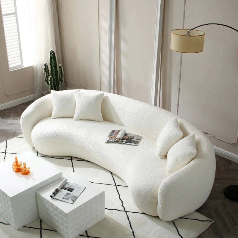 Sculptural off-white sofa with rounded arms, 3 seater couch online, settee design