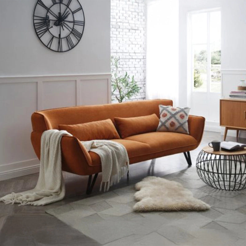 Burnt orange fabric couch with flared arms, modern sofa design, 3 seater, matte black legs