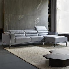 Slate-grey leather l shape couch with pure leather sofa design, 2-seater with lounger