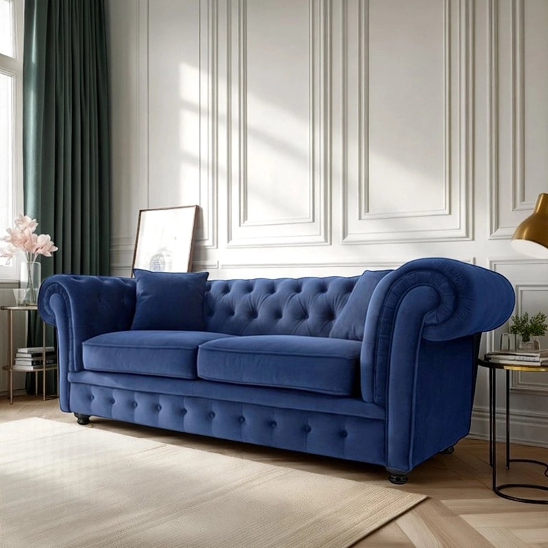 Deep tufted velvet backrest with stylish sofa design, chesterfield sofa, navy blue 3 seater