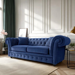 Deep tufted velvet backrest with stylish sofa design, chesterfield sofa, navy blue 3 seater