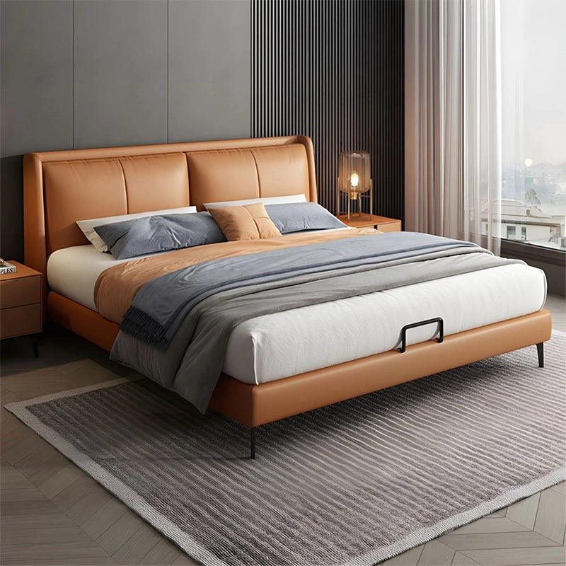 Vertical stitch tan headboard with hydraulic bed + master bedroom bed design