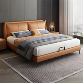Vertical stitch tan headboard with hydraulic bed + master bedroom bed design