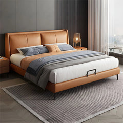 Vertical stitch tan headboard with hydraulic bed + master bedroom bed design