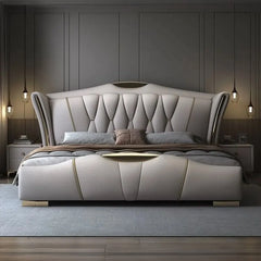 Wingback headboard with vertical tufting, new bed design, bed frame, beige upholstered king bed