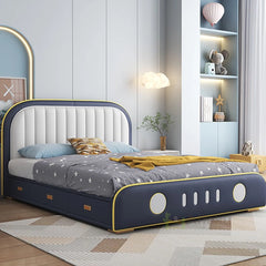 Navy-white kids bed with space theme; cute beds and kids bedroom furniture; double size frame