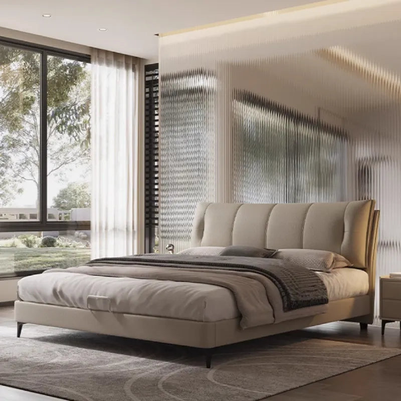 Plush beige upholstered bed pic with modern bed design and bed frame styling