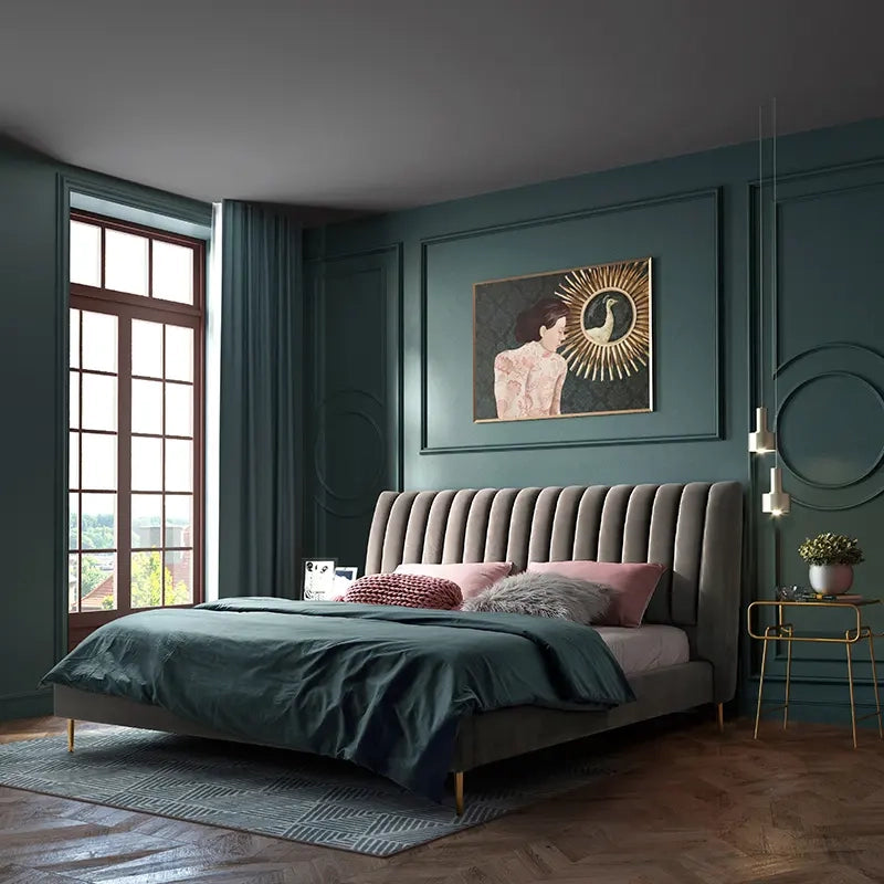 Rose-pink velvet bed image with bed frame and new bed design elements