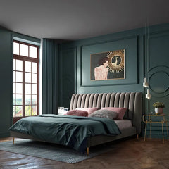 Rose-pink velvet bed image with bed frame and new bed design elements