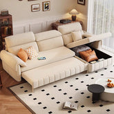 Foldout chaise with USB port and hidden storage – convertible sofa bed design – 3-seater beige fabric