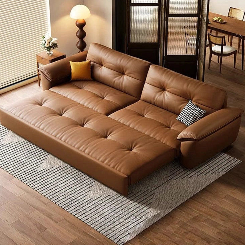 Tufted tan leatherette design sofa cum bed with sleeper sofa styling – convertible couch sleeper