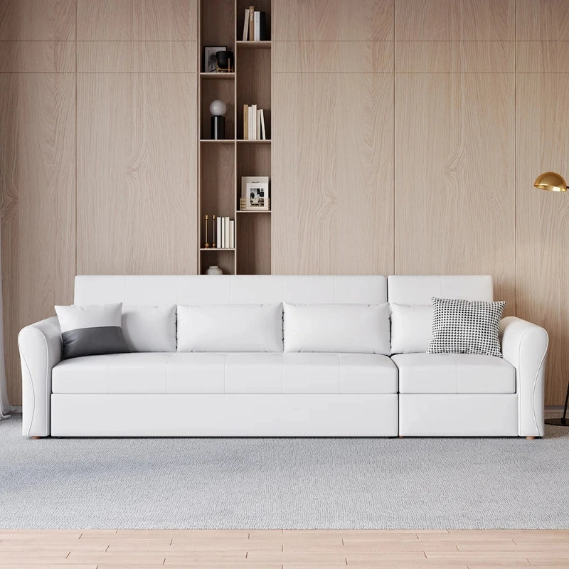 White leatherette sofa bed with plush seats, convertible couch sleeper, sofa cum bed design