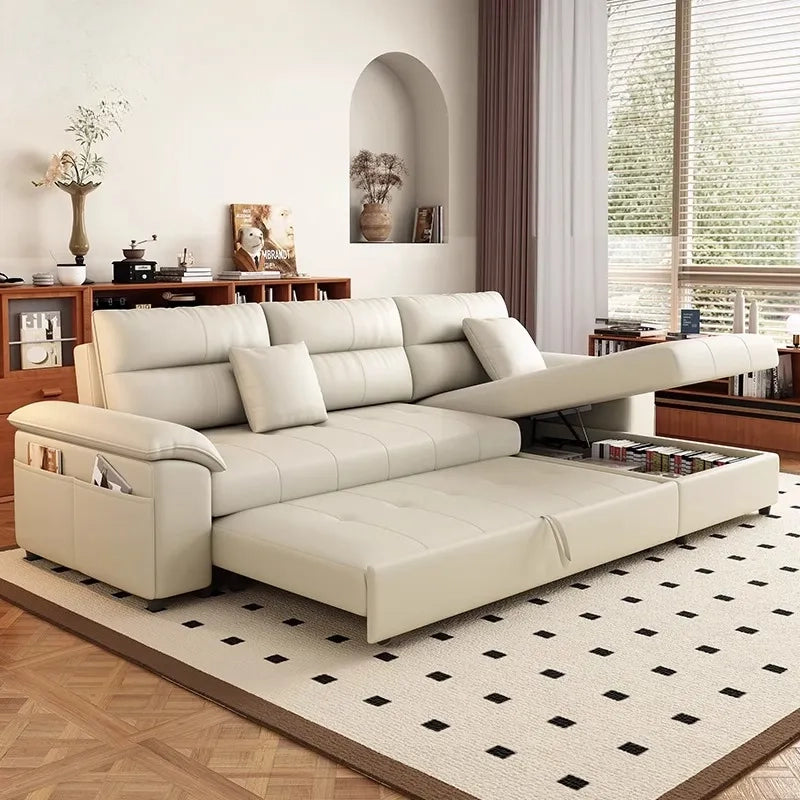 Cream faux leather couch with storage, convertible sofa bed design, 2+L Shape sofa, wide armrests