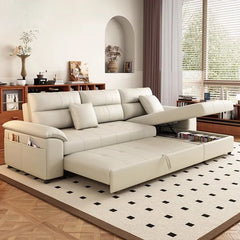 Cream faux leather couch with storage, convertible sofa bed design, 2+L Shape sofa, wide armrests