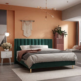 Emerald velvet bed design with modern bed design and bed frame accents, queen size style