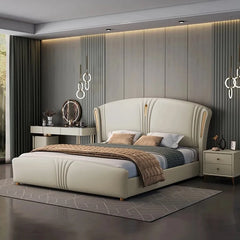 Winged headboard with gold accents, modern bed design, bed and cot, matte leatherette ivory