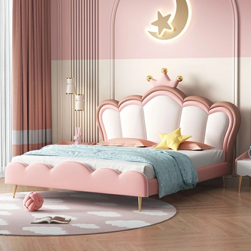 Pink crown headboard with gold detail, cute beds, kids bedroom furniture, faux leather