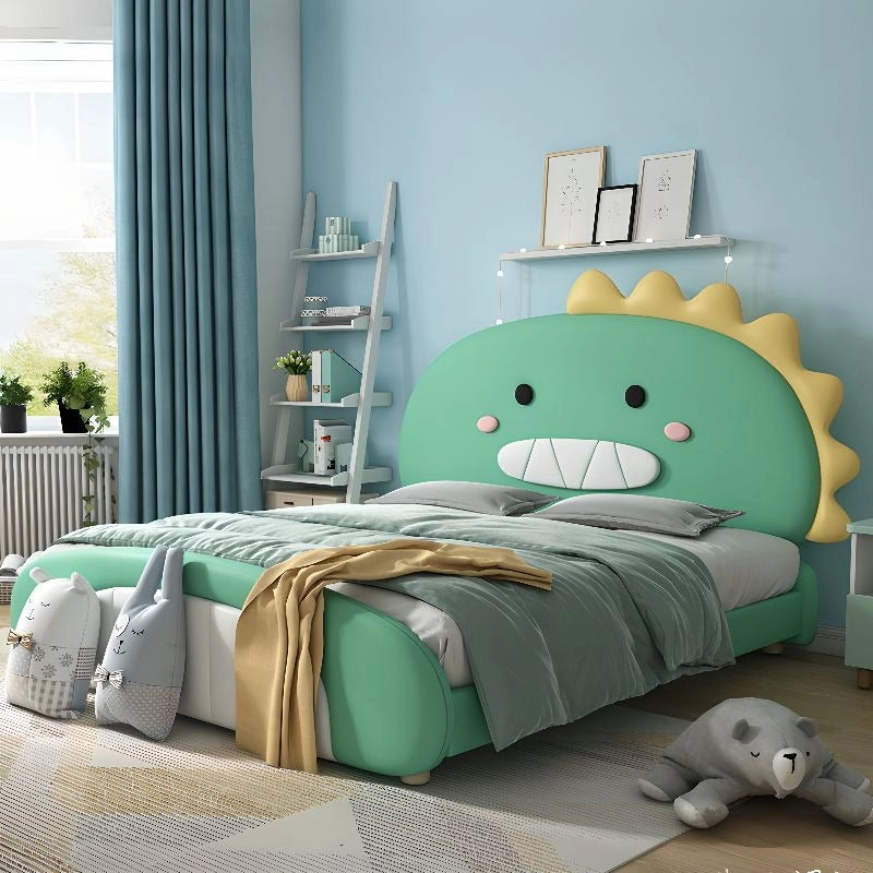 Dinosaur design headboard with white teeth and yellow spikes, kids bed, children’s bedroom furniture