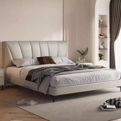 Channel tufted headboard with custom built to order, bed frame, in tan faux leather