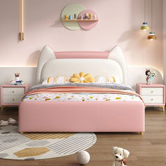 Cat-ear headboard with faux leather, kids bedroom furniture, childrens bed, pink