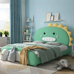 Dinosaur design headboard with white teeth and yellow spikes, kids bed, children’s bedroom furniture