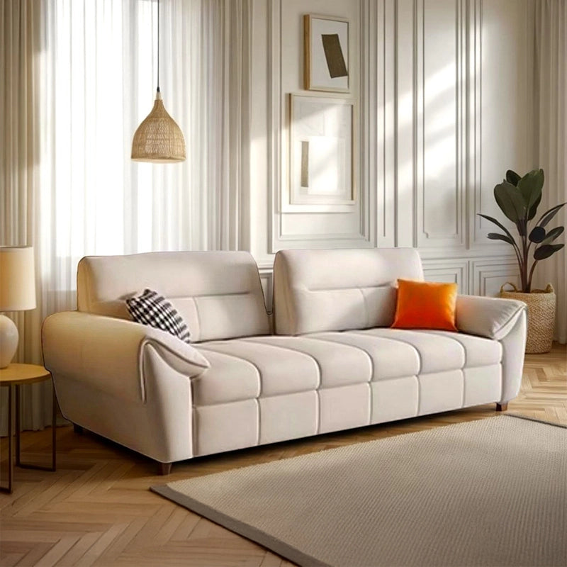 Modern rectangular sofa cum bed with convertible couch sleeper & beige fabric seating