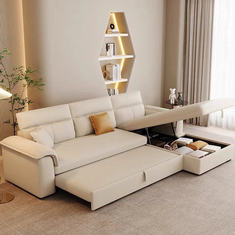 Contemporary L-shape layout with USB ports – sofa cum bed design + convertible couch sleeper + Beige fabric