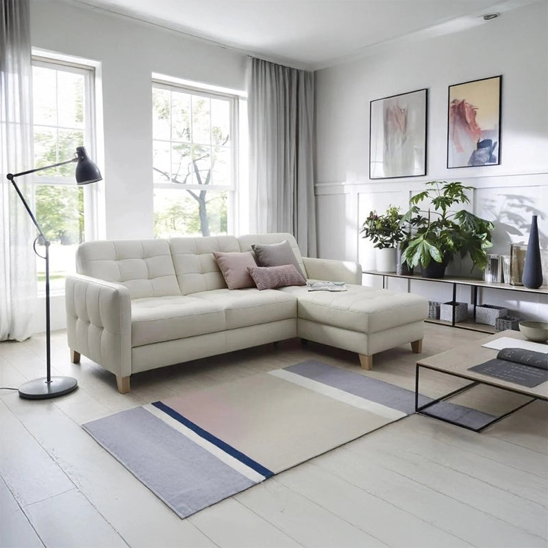 Cream L shape convertible sofa bed with sofa cum bed and sleeper sofa, 3-seater wood frame