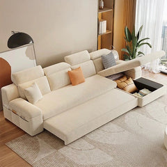Velvety L-shaped sofa bed in off white with high backrest – convertible sofa bed, sofa cum bed design