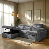 Diamond-stitched L-shape sofa cum bed design, convertible couch bed, dark grey fabric