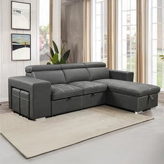 Right‑hand L shape with tufted seats, sofa cum bed design, convertible, faux leather, grey