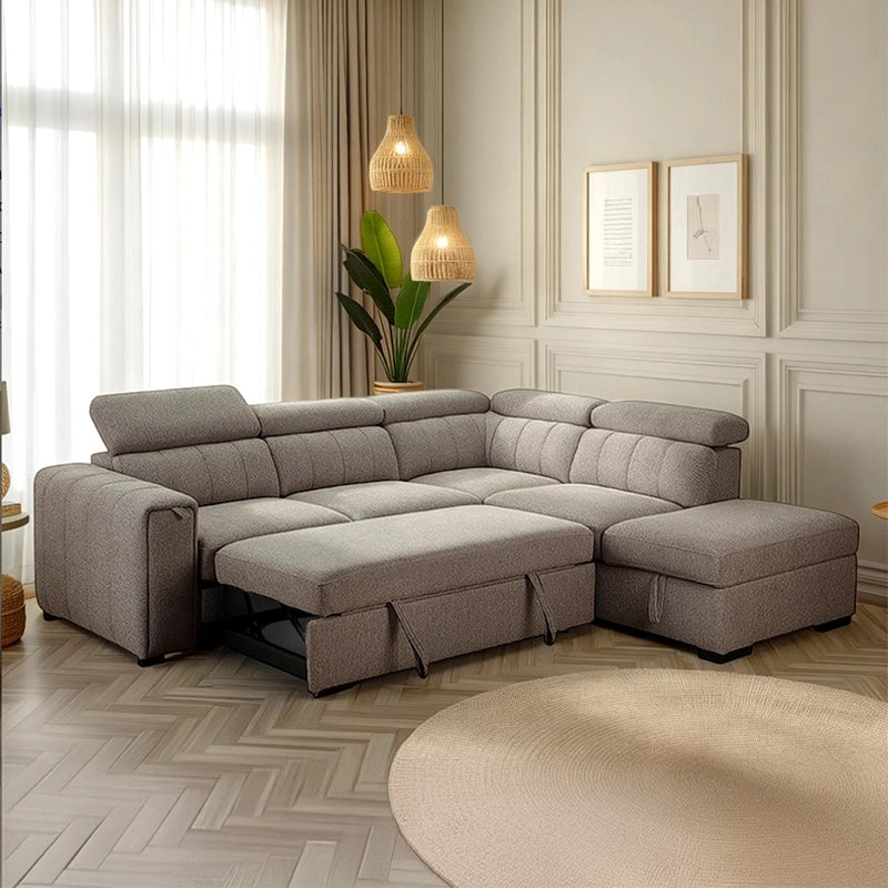 L-shaped grey sofa bed with channel tufting, convertible sofa bed design, couch sleeper, fabric seating