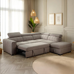 L-shaped grey sofa bed with channel tufting, convertible sofa bed design, couch sleeper, fabric seating