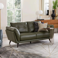 Olive green leather finish with button tufting, pure leather sofa, 3 seater, walnut legs