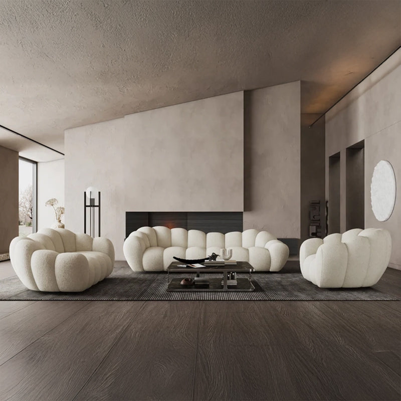 Ivory boucle fabric design sofa set with rounded form – contemporary sofa design, living room couch