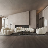 Ivory boucle fabric design sofa set with rounded form – contemporary sofa design, living room couch